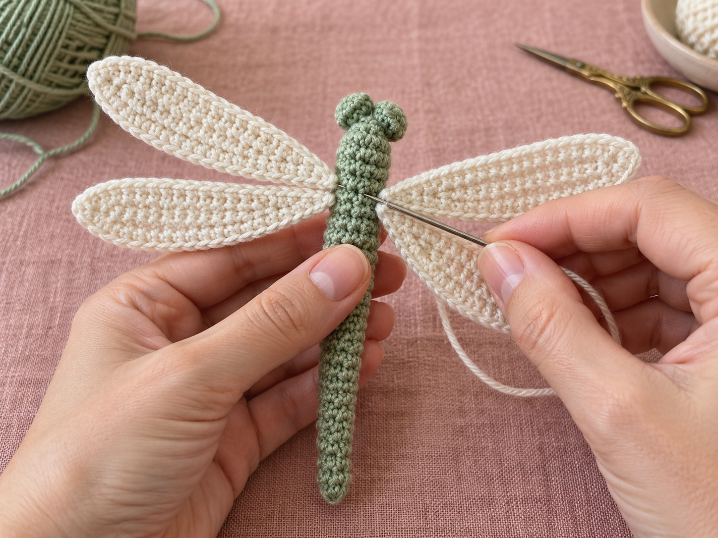 Hands sewing four ivory crochet wings onto the sage green body of a handmade dragonfly keychain
