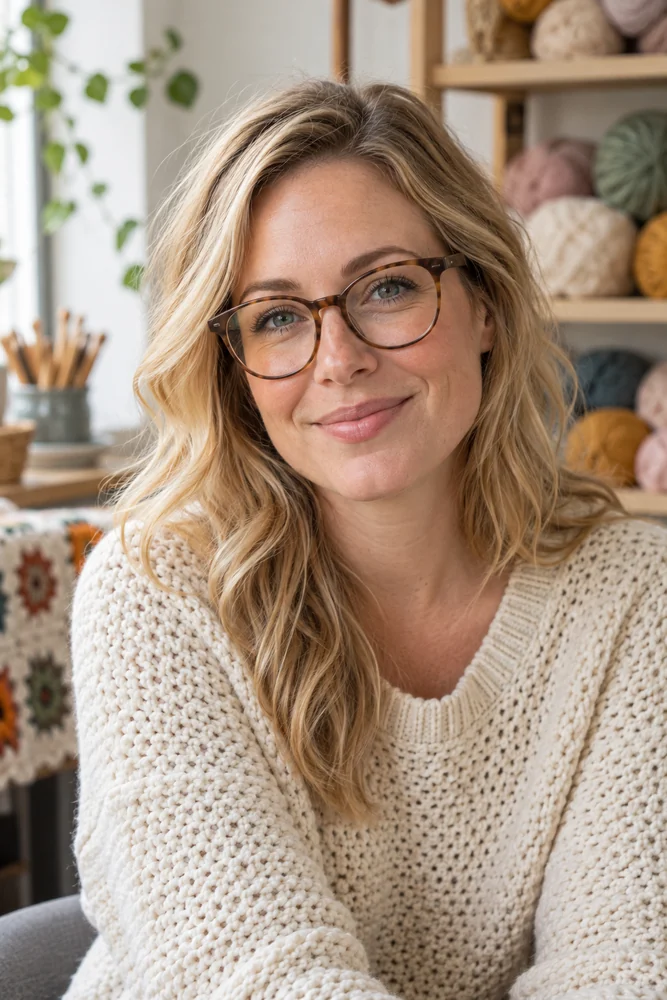 Portrait of Salma, a 35-year-old blonde crochet maker wearing glasses